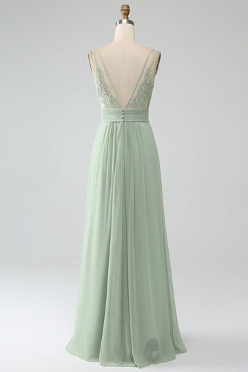 Dusty Sage A-Line Spaghetti stropper plissert Chiffon Long brudepike kjole